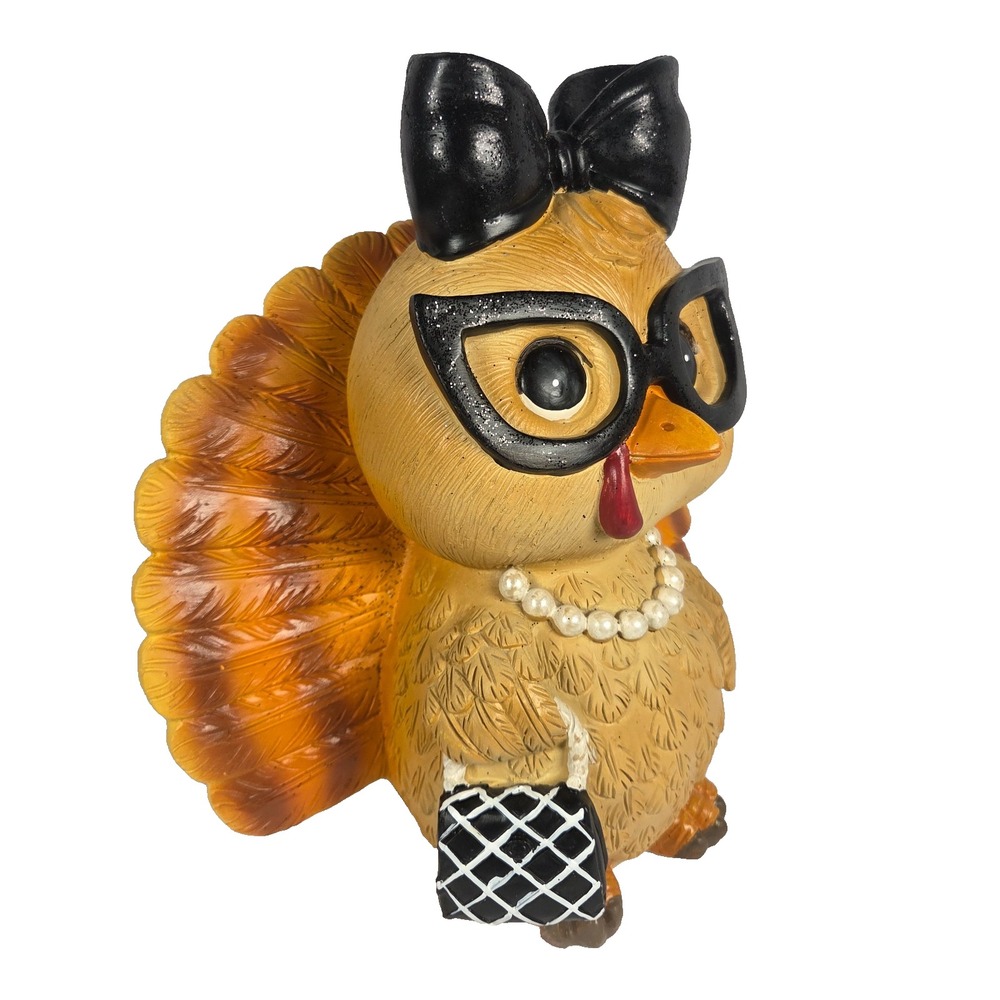 Thanksgiving Turkey Lady Figurine 10 Inch Glasses Bow Purse Harvest Fall Decor